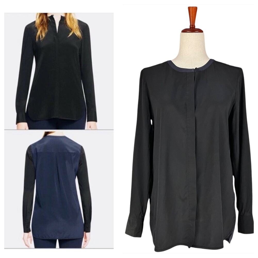 TORY BURCH Meg Stretch Silk Colorblock Tunic Blouse in Navy Blue/Black Size 6